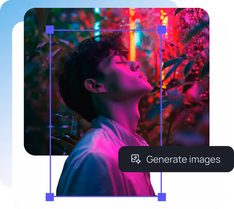 Profile of a man with closed eyes illuminated by vibrant pink and purple neon lights among foliage.