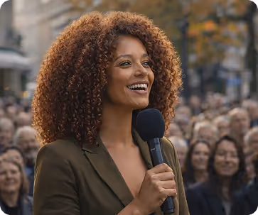 Smiling woman with curly hair speaking into a microphone in front of a crowd outdoors.