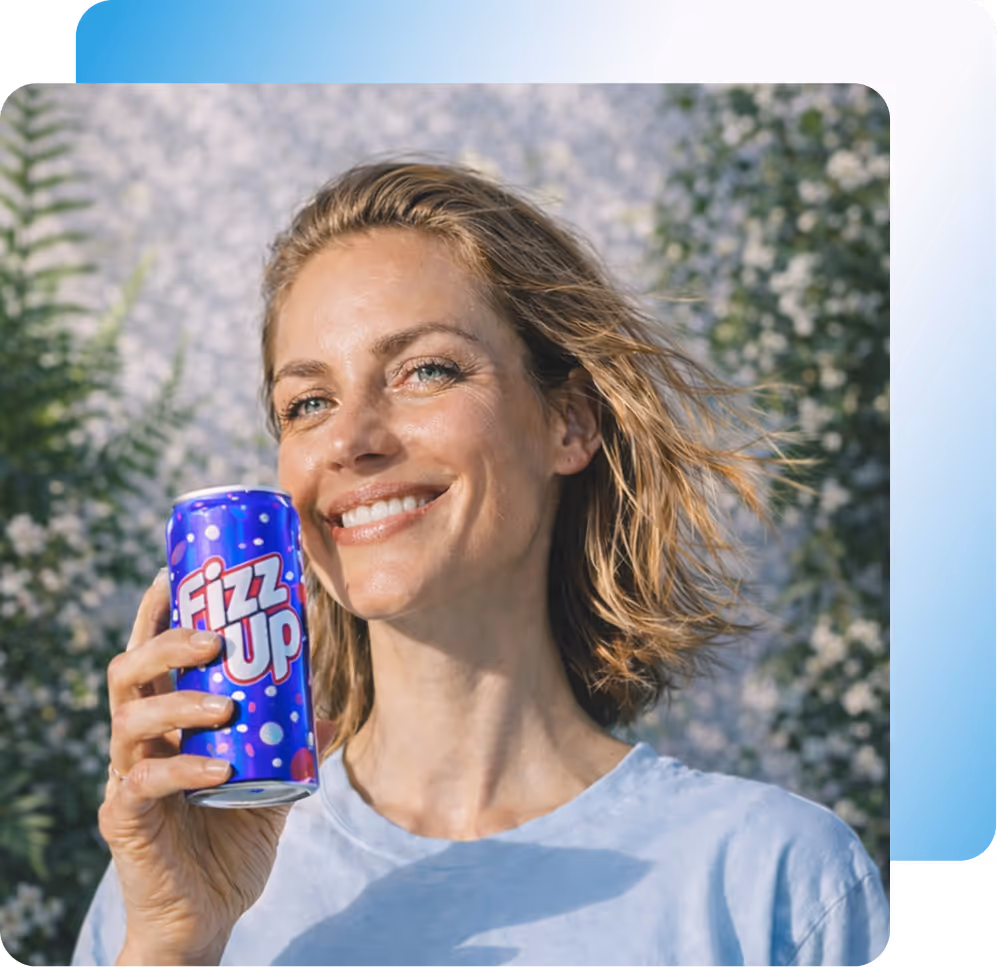 Smiling woman holding a blue can of Fizz Up soda outdoors with greenery in the background.