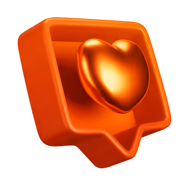3D orange speech bubble icon with a shiny heart inside.