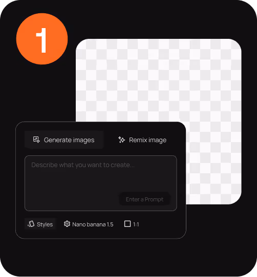 User interface screenshot showing prompt input box with options to generate or remix images and style set to Nano banana 1.5.