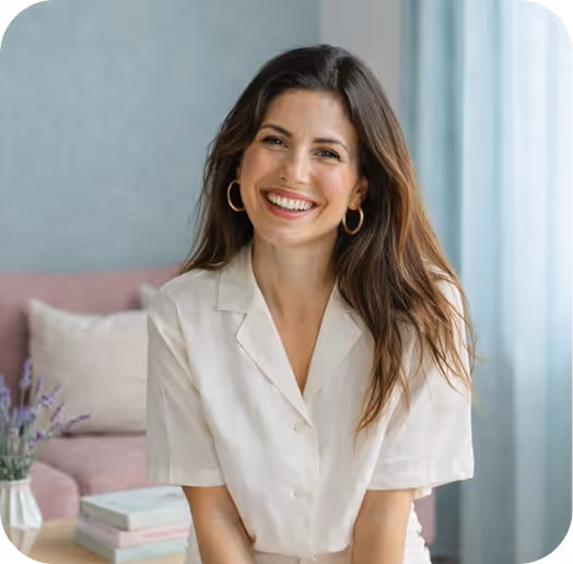 Smiling woman with long brown hair wearing a white blouse and hoop earrings, seated indoors with blurred background.