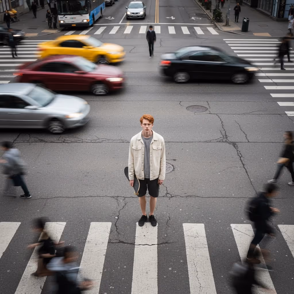 Young man with a skateboard standing in the middle of a busy crosswalk with blurred cars and pedestrians moving around him.