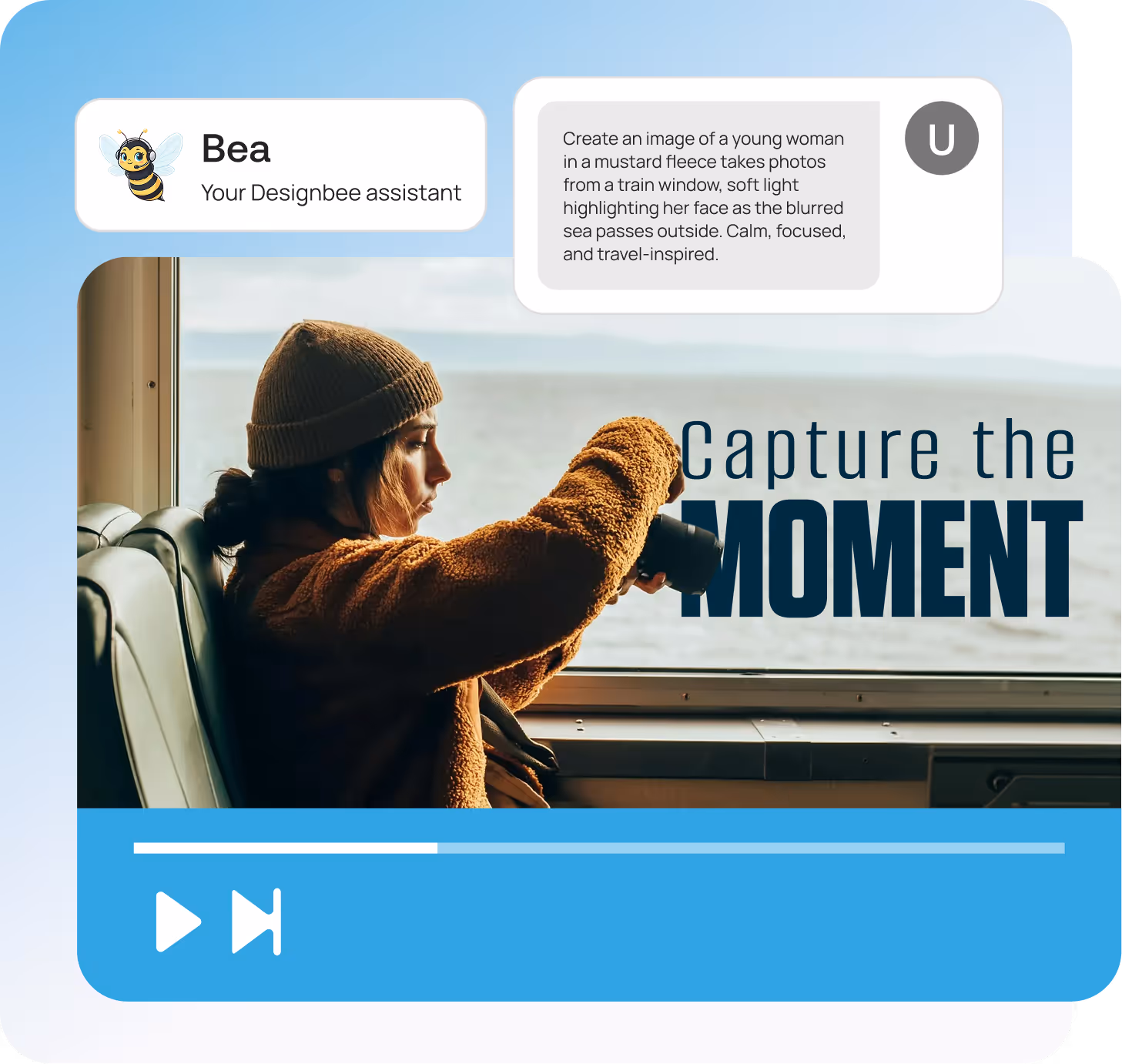 Young woman in a brown fleece and knit hat takes photos from a train window with a blurred sea outside, soft light on her face.