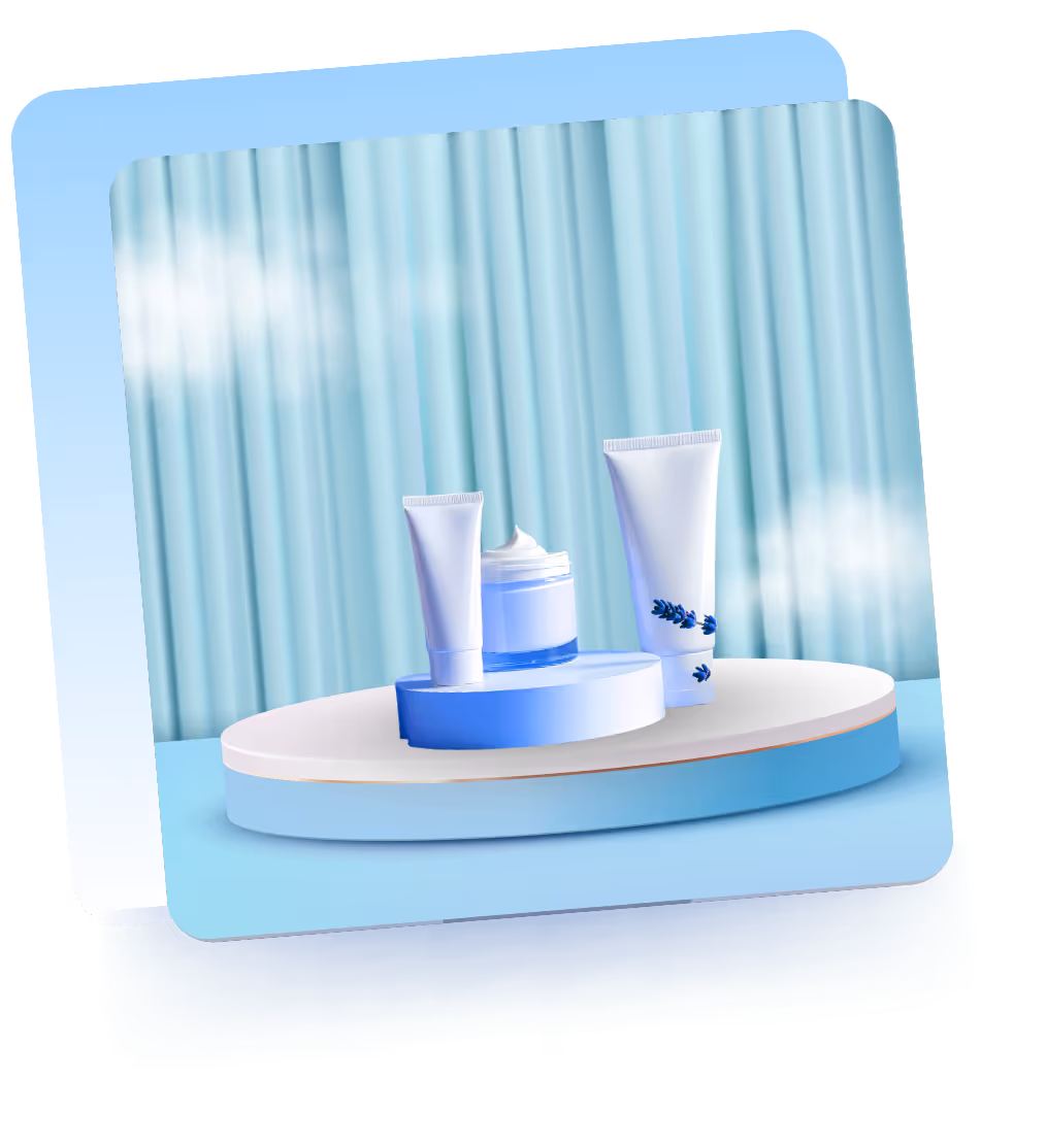 Three cosmetic containers, including a jar with cream and two tubes, displayed on a round white and blue platform with blue curtains in the background.