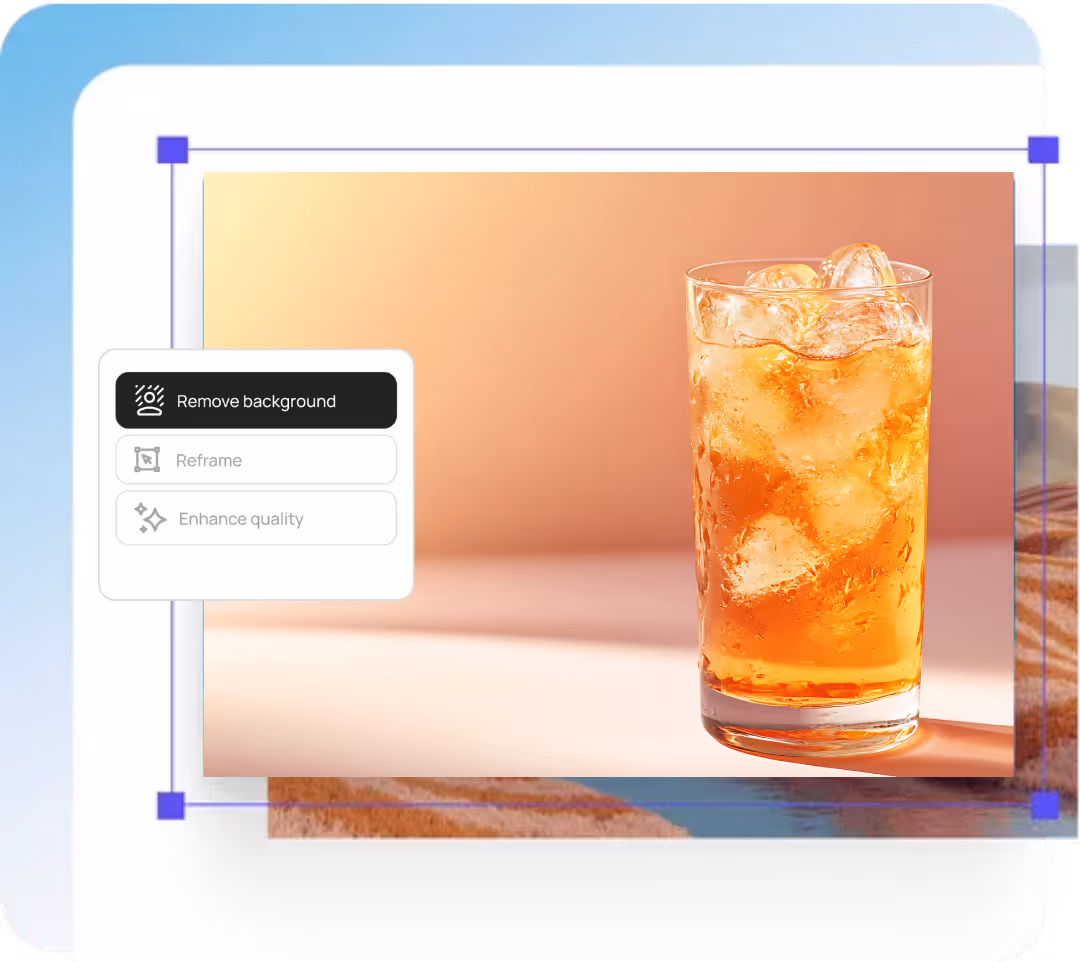 Glass of iced orange-colored drink on a light surface with a blurred gradient background.