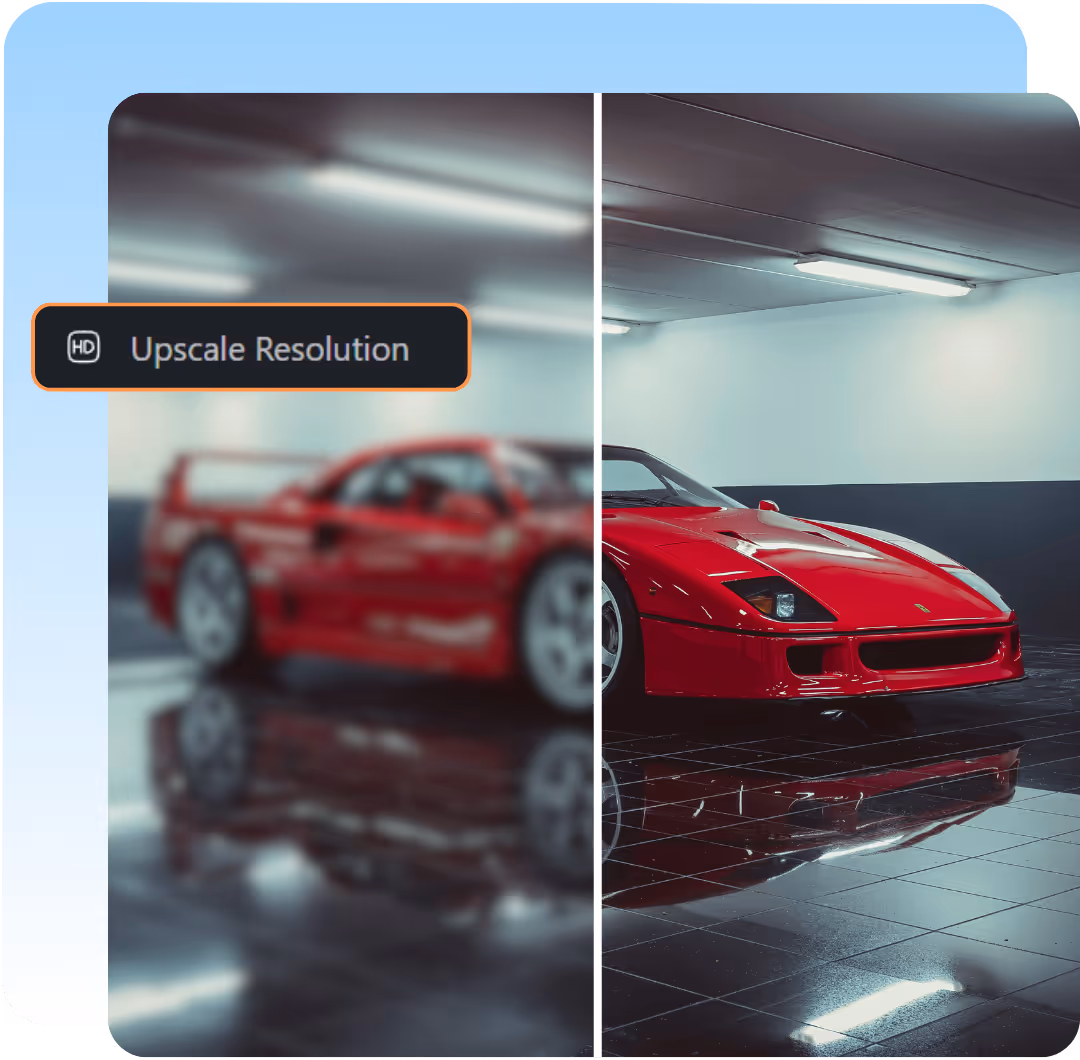 Side-by-side comparison of a red sports car in a garage with the left side blurred and labeled 'Upscale Resolution,' and the right side clear and sharp.