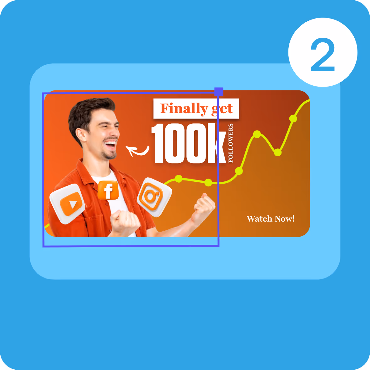 Excited man in orange shirt with icons of YouTube, Facebook, and Instagram, alongside text promising 100k followers and a rising yellow graph line on orange background.