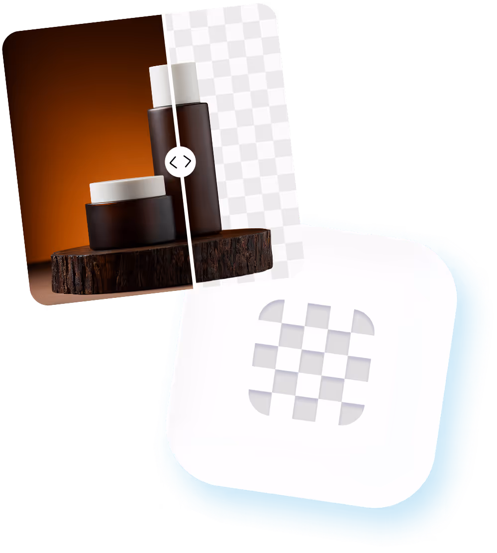 Two dark brown cosmetic containers, one jar and one bottle, displayed on a round wooden platform with an orange background, partially overlaid by a translucent white interface element with arrows for sliding.