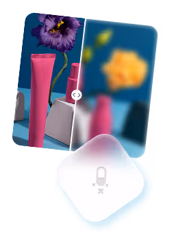 Image showing a pink cosmetic tube and bottle with a purple flower on one side and a blurred version on the other side, representing a focus or clarity comparison.