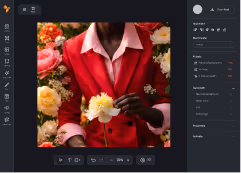 Photo editing software interface showing an image of a person in a red jacket holding a yellow and white flower among other flowers.