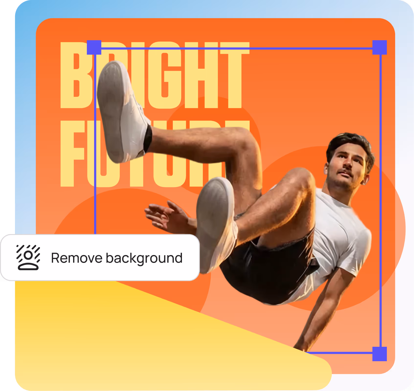 Man wearing white shirt and black shorts is mid-air in a dynamic jumping pose against an orange background with the text 'BRIGHT FUTURE'.