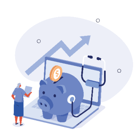 RevOps strategy concept with piggy bank, stethoscope, and growth arrow showing revenue health and financial metrics.