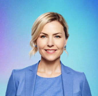 Aggie, Head of Sales Enablement at AfterShip, professional headshot in a blue blazer with a gradient blue background, expert in global sales enablement and executive coaching at companies like LinkedIn and Oracle.