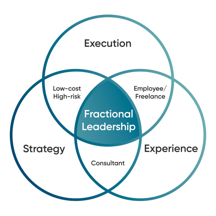 Diagram showing the concept of fractional leadership at the intersection of strategy, execution, and experience.