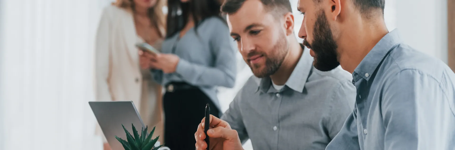 Header showing a professional auditor consulting a customer
