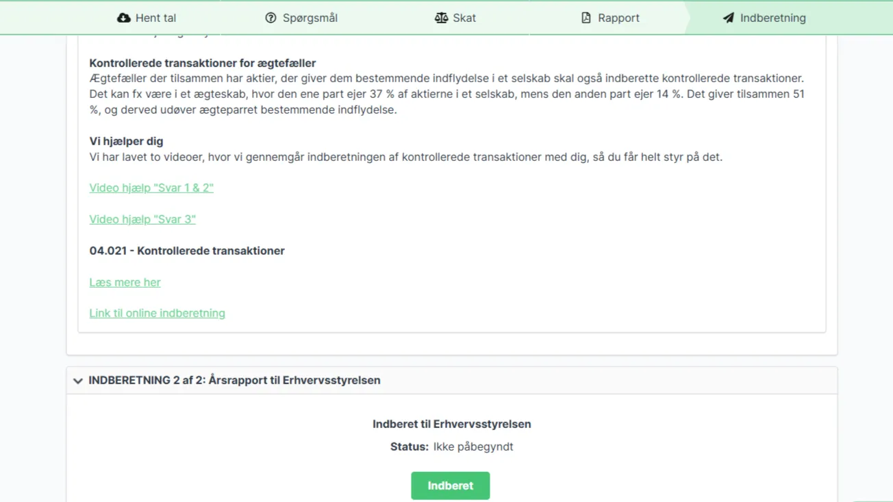 Skærmbillede der viser, at selskabets har indberettet årsrapporten og skatten til Erhvervsstyrelsen.