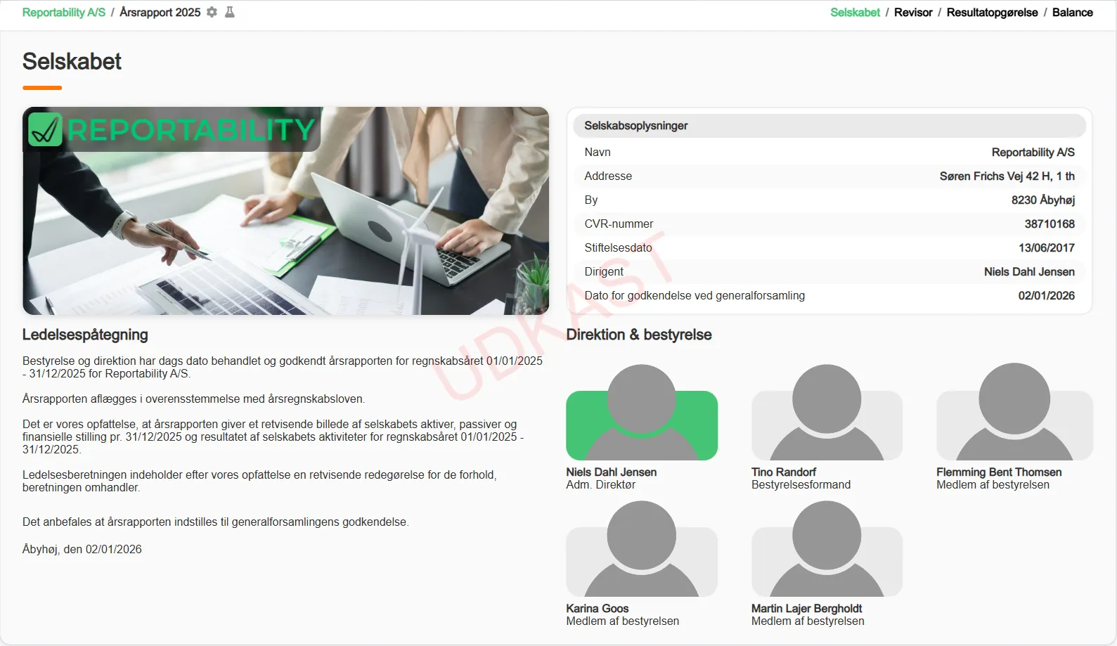 Company report page showing Reportability logo, management statement, company details, and board members with placeholder icons.