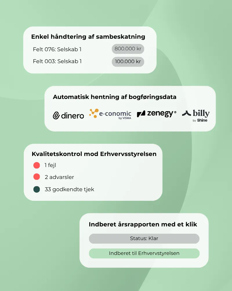 Overblik over selskabsskat, bogføringsdata, kvalitetskontrol og årsrapport for holdingselskaber.