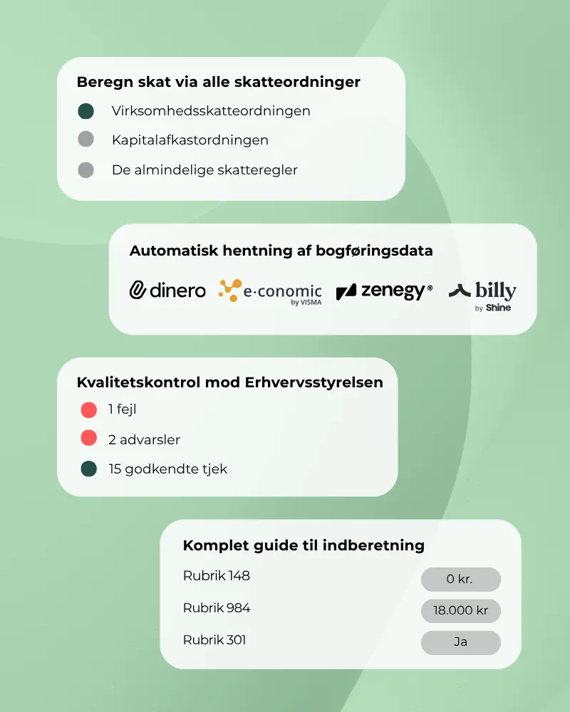 Skatteberegning, bogføringsintegration og indberetning for enkeltmandsvirksomheder.