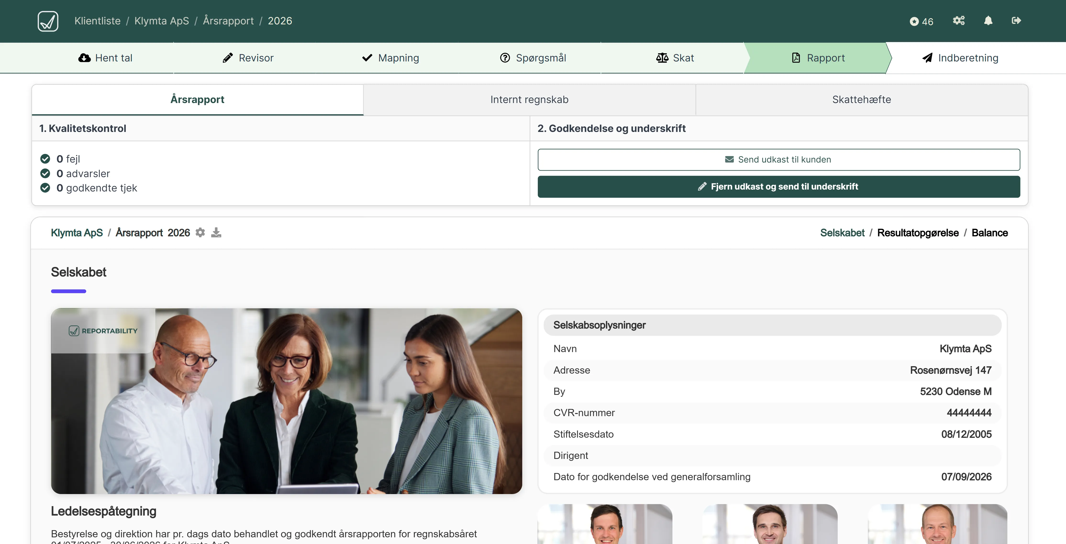 Årsrapport i Reportability med forside og virksomhedsoplysninger.