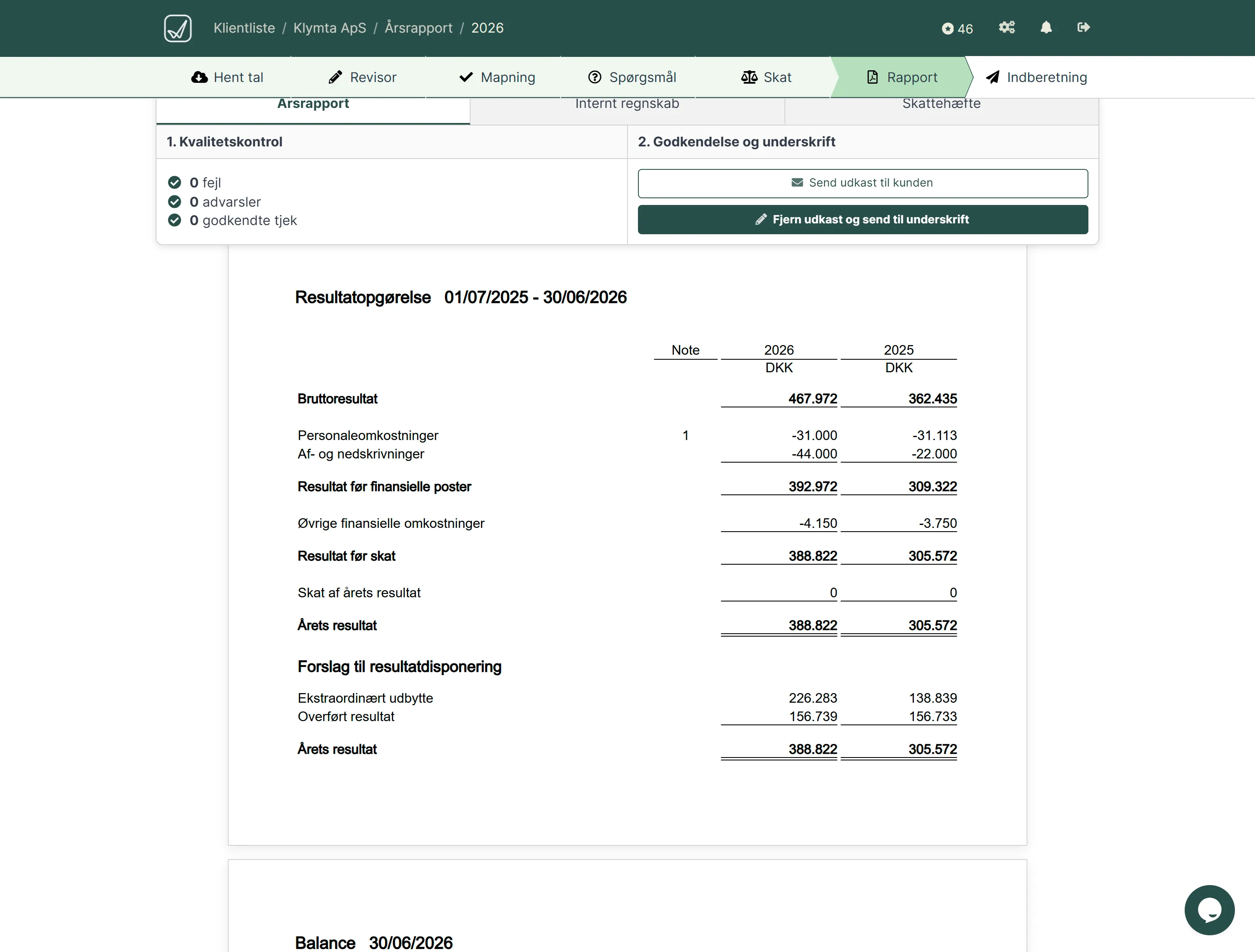 Årsrapport med resultatopgørelse og balance i Reportability.