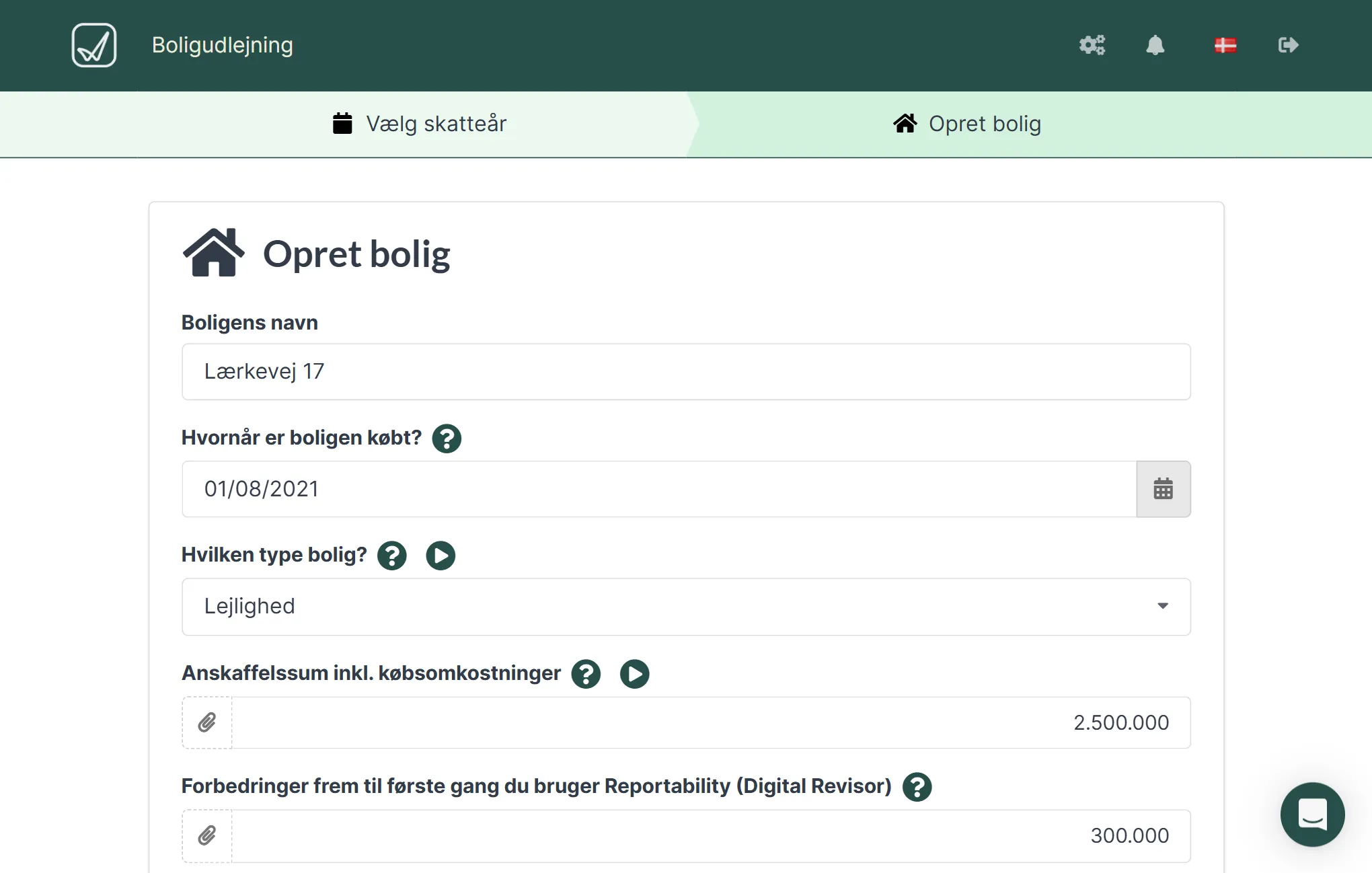 Oprettelse af bolig med adresse, boligtype, købsdato og anskaffelsessum.