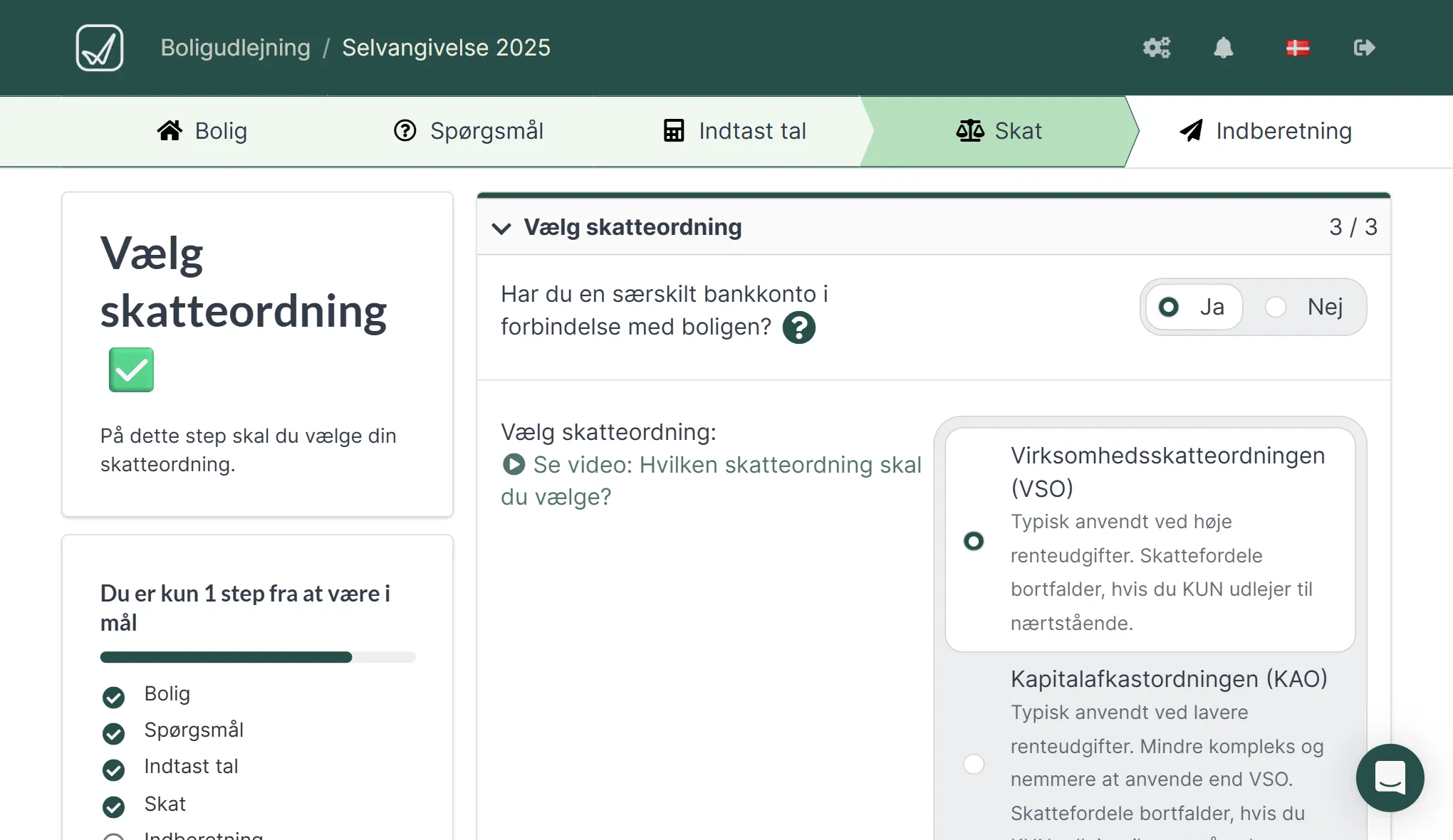 Valg mellem virksomhedsordningen, kapitalafkastordningen og almindelige skatteregler.
