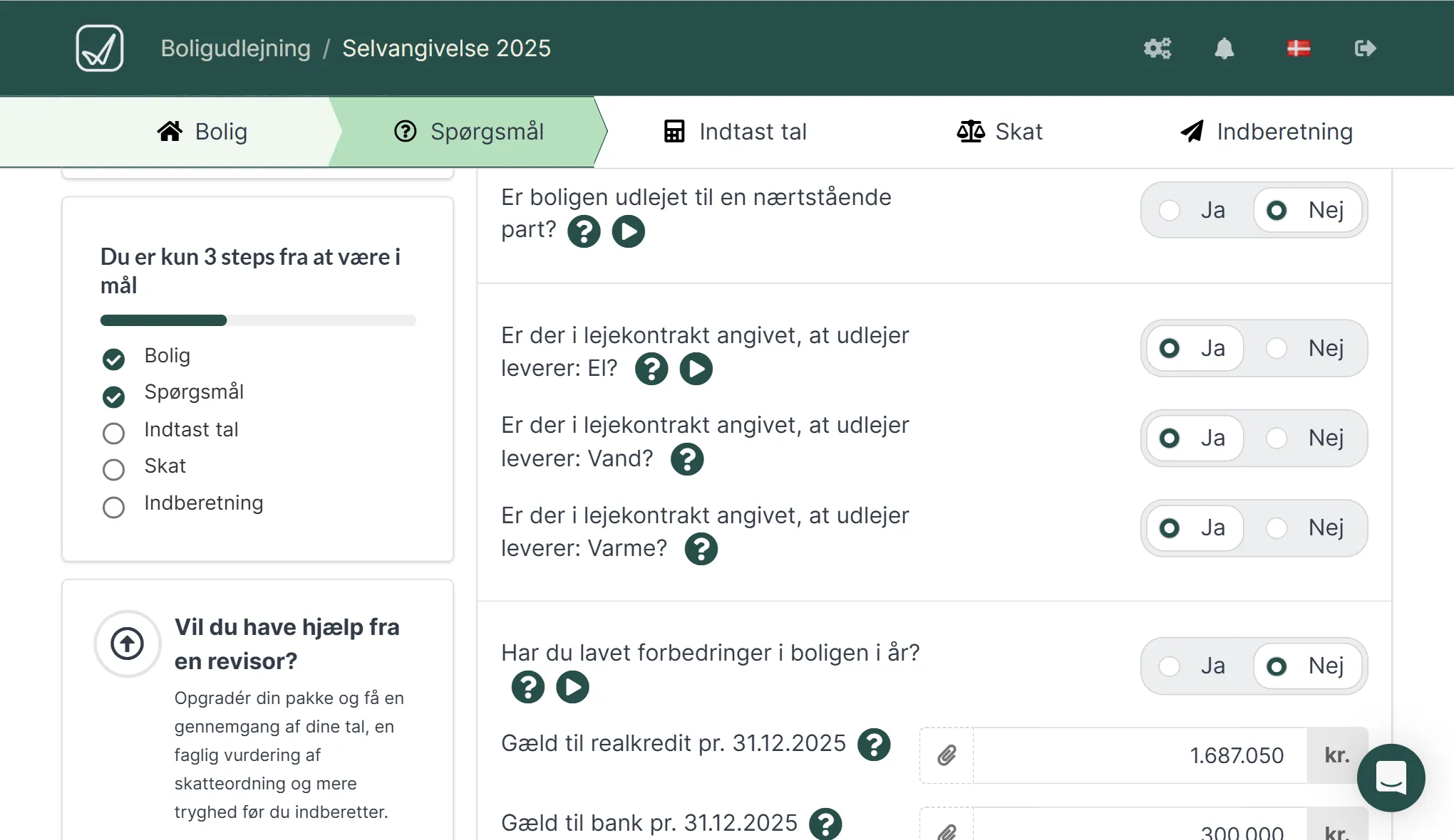 Spørgsmål om udlejning, udgifter og finansiering ved forældrekøb.