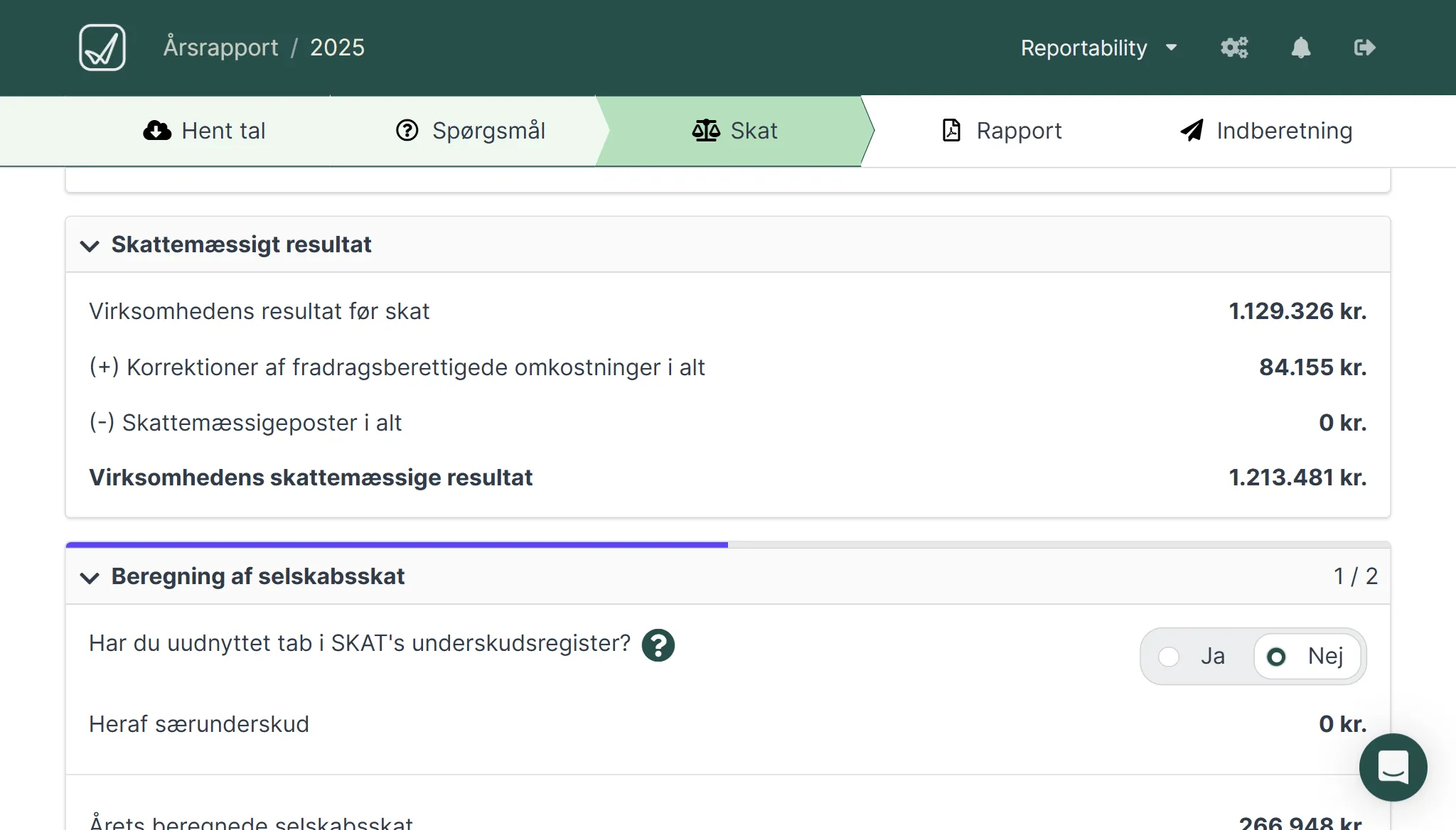 Beregning af skattemæssigt resultat og selskabsskat i Reportability.
