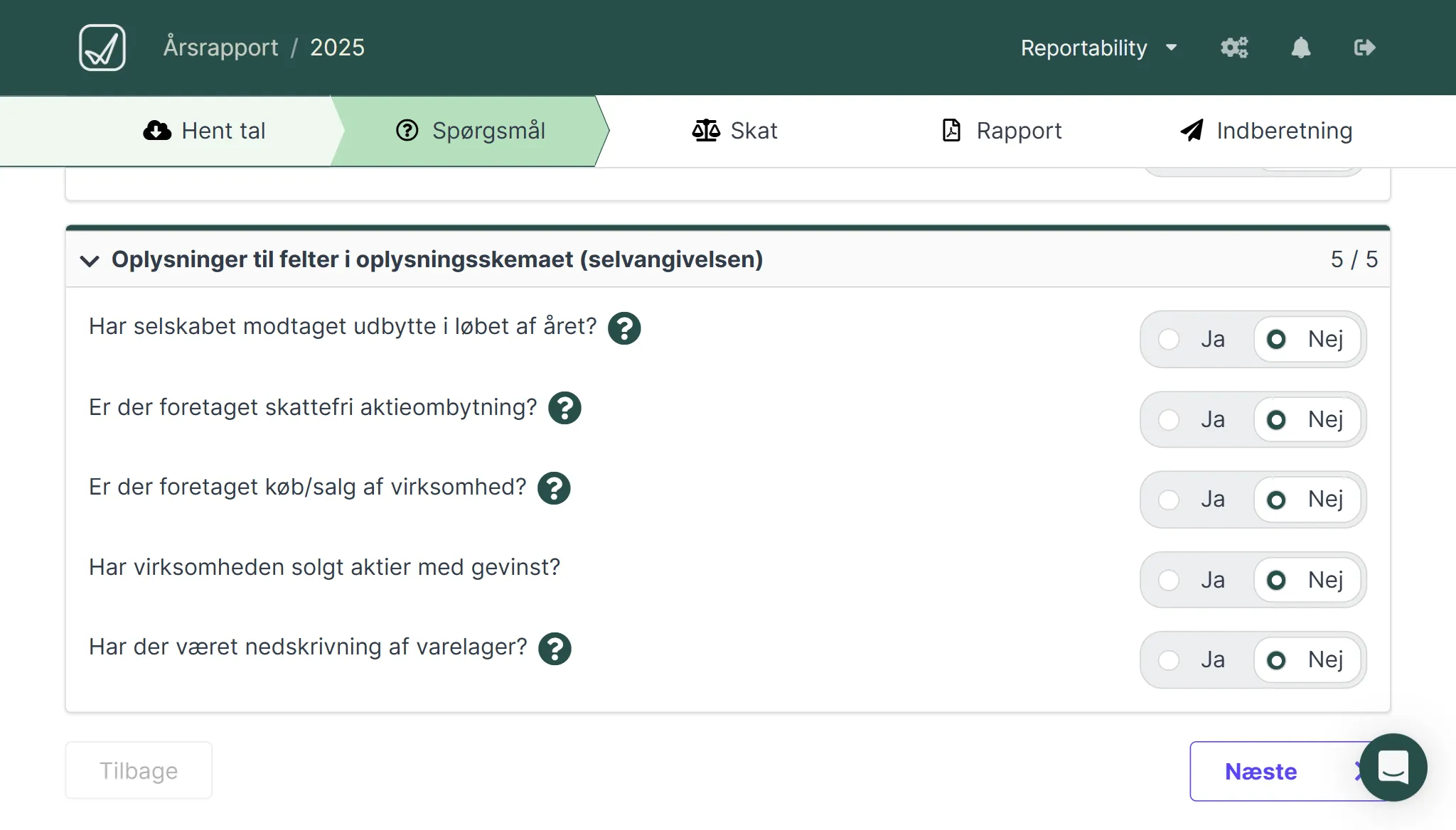 Spørgsmål om virksomhedens skatteforhold i Reportability.