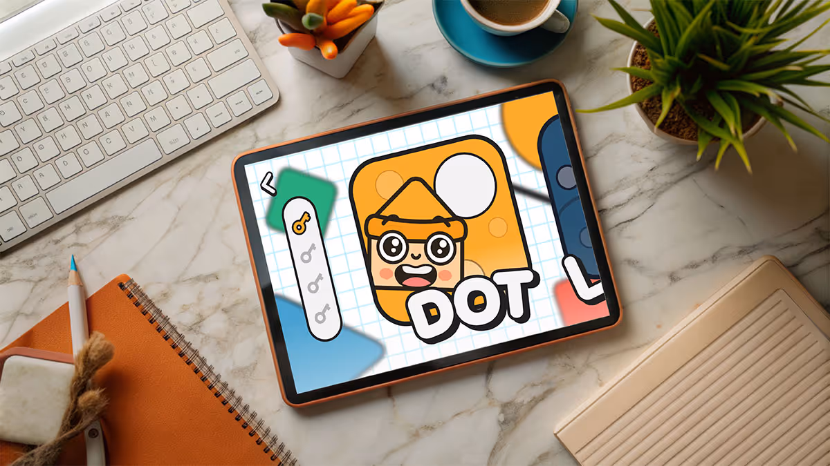 An Tablet mockup for KidsKub chapter selection page, showing dot chapter thumbnail with yellow background and a joyful crayon character.