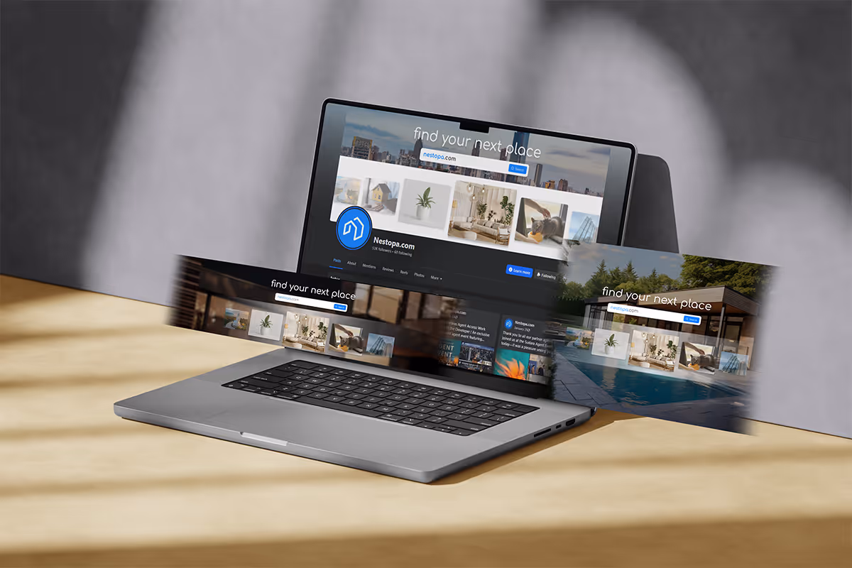 A macbook mockup of Nestopa facebook page, with redesigned banner for Nestopa social media.