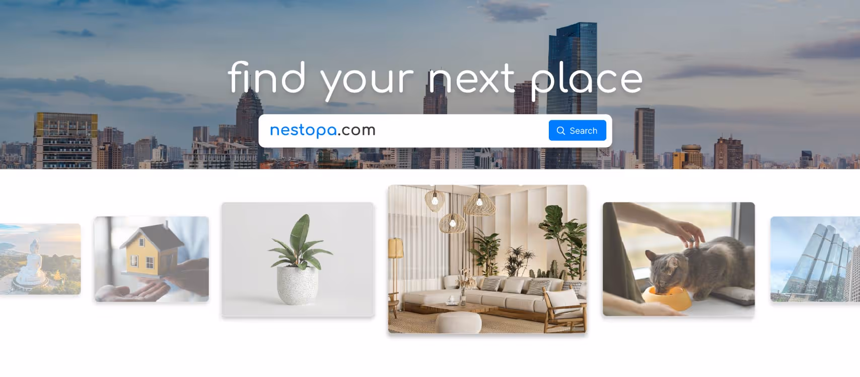A city skyline background with the text "find your next place" with images of a home, plant, living room, pet, and a building below.