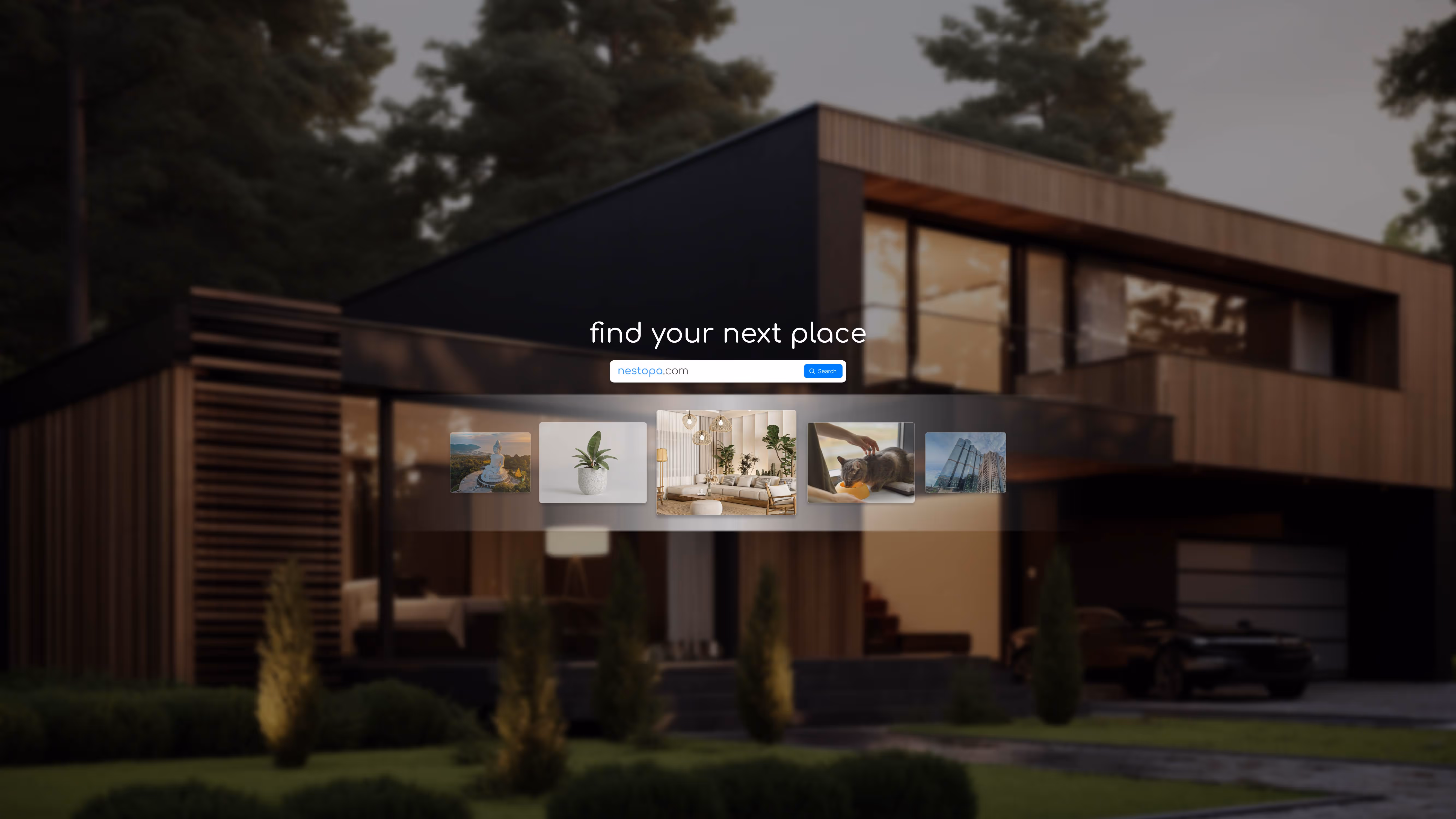 A modern house exterior with lush greenery and a search bar overlay that invites users to find their next home at nestopa.com.