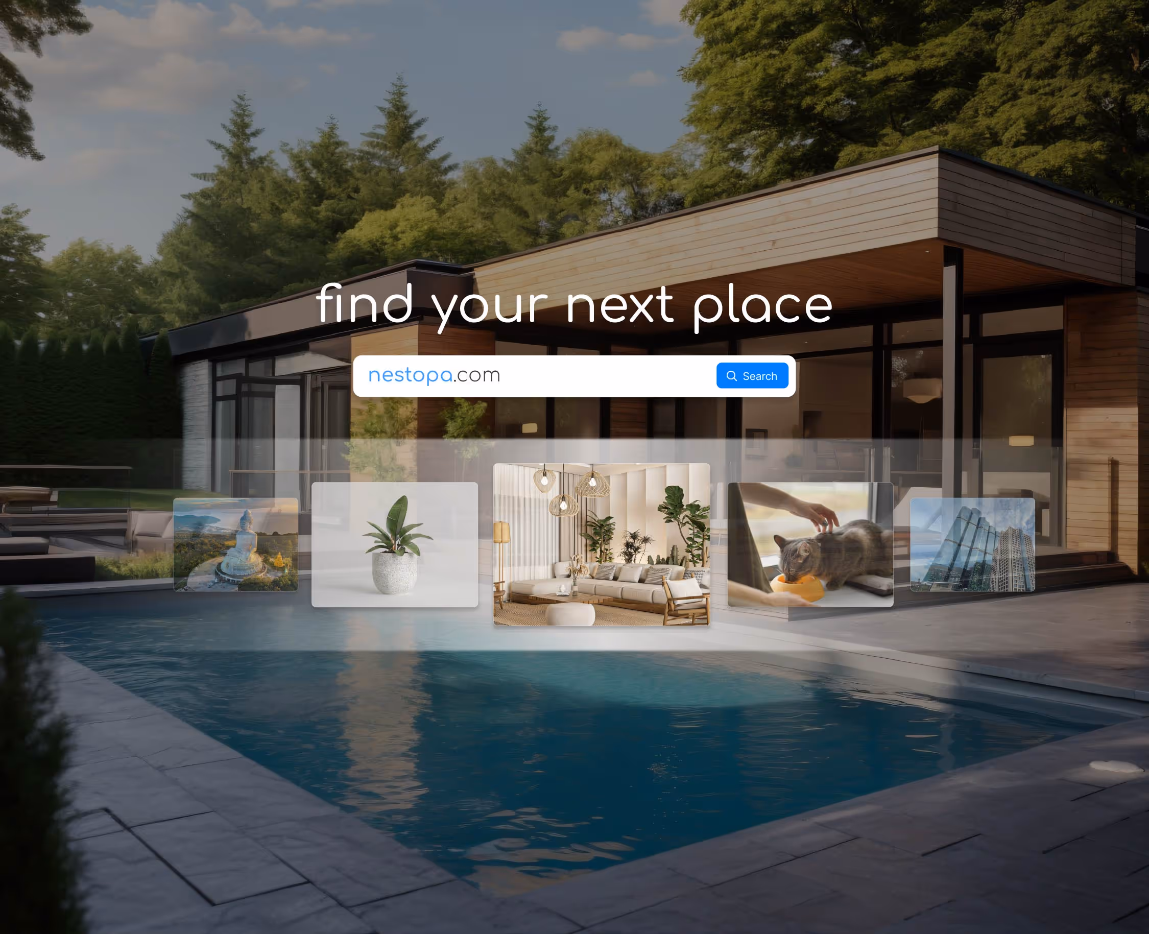 A modern house with a pool, showcasing images of various living spaces, plants, and pets, promoting nestopa.com for finding homes.