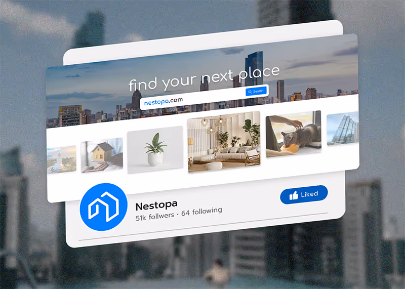 Website interface for Nestopa featuring a facebook banner, images of homes for their logo, and social media stats for followers and likes. 