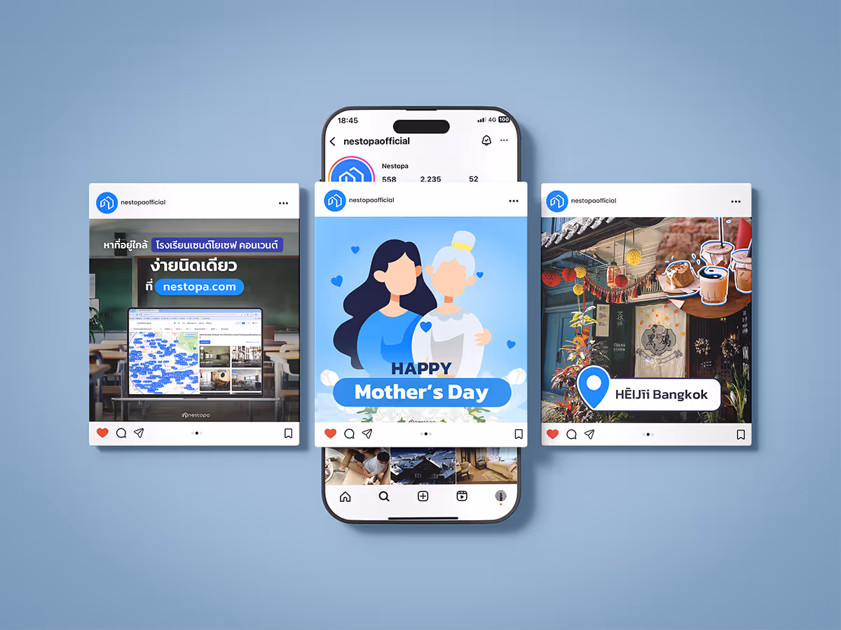A smartphone displays three Instagram posts: a location guide, a Mother's Day greeting, and a café in Bangkok.