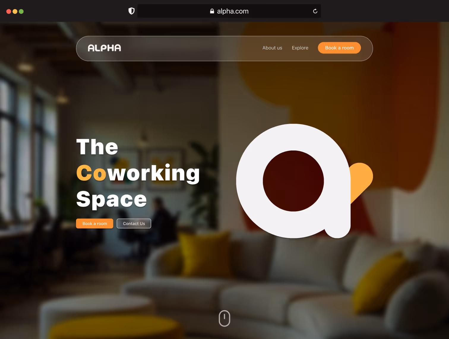 A blurred coworking space with modern, geometric furniture features a large Alpha brand logo and website navigation buttons for booking and contact displayed on screen.