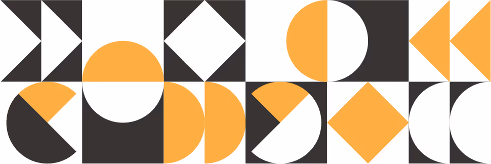 Geometric abstract pattern with yellow and black shapes including circles, triangles, and squares. The design is symmetrical and modern in tone.