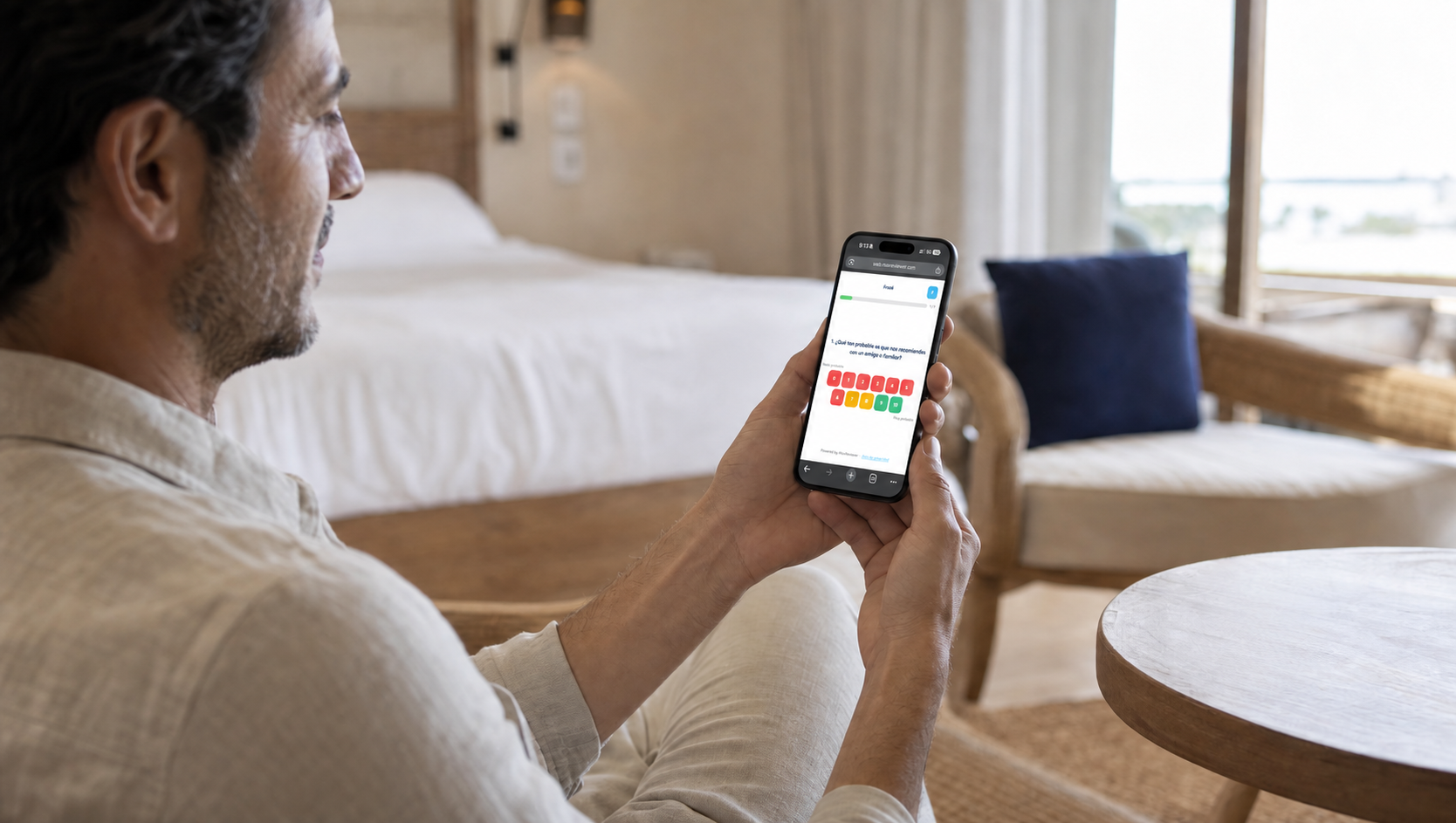 Huésped calificando su estancia desde el celular en la habitación