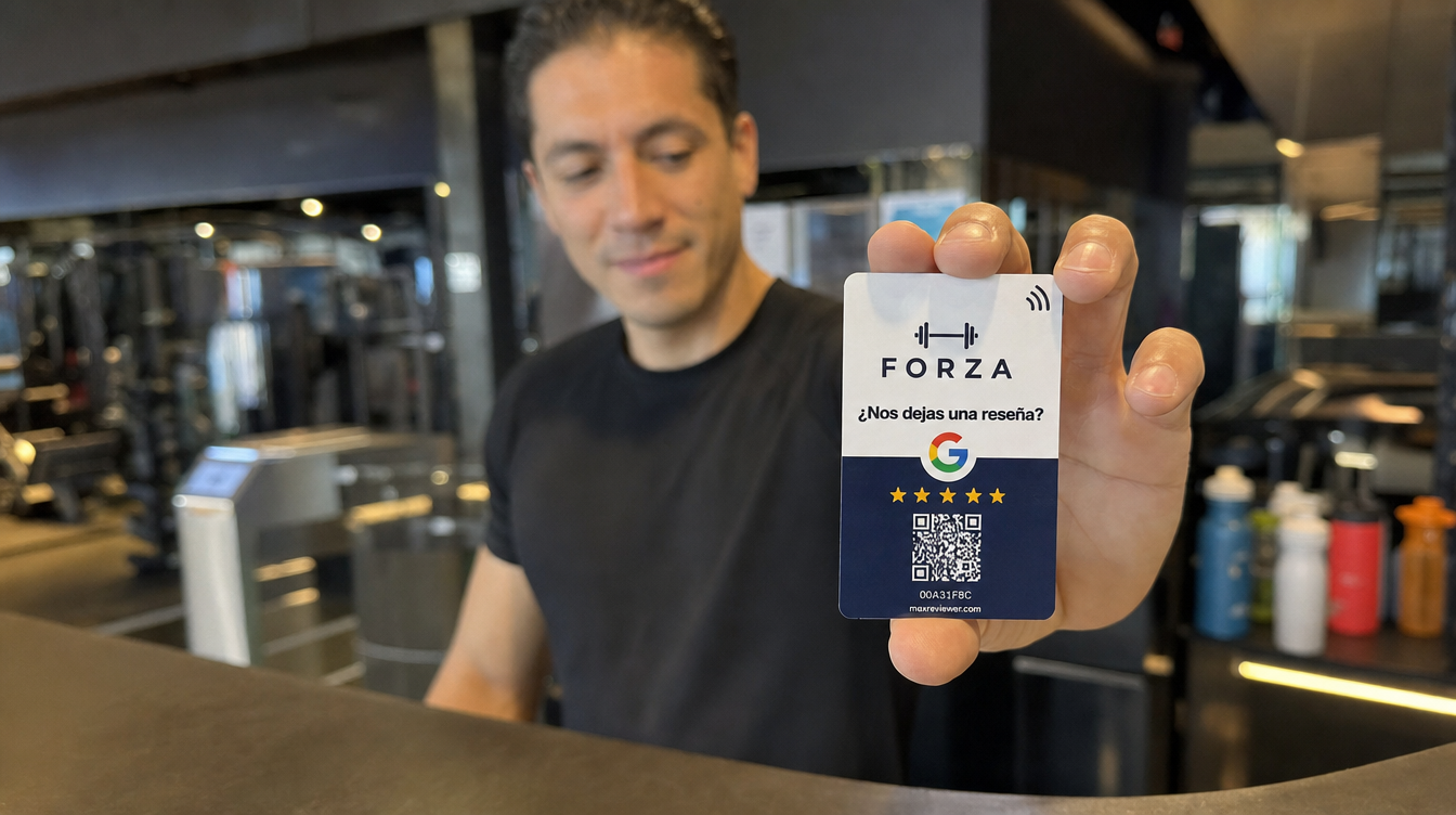 Recepción de un gimnasio con placa NFC para reseñas