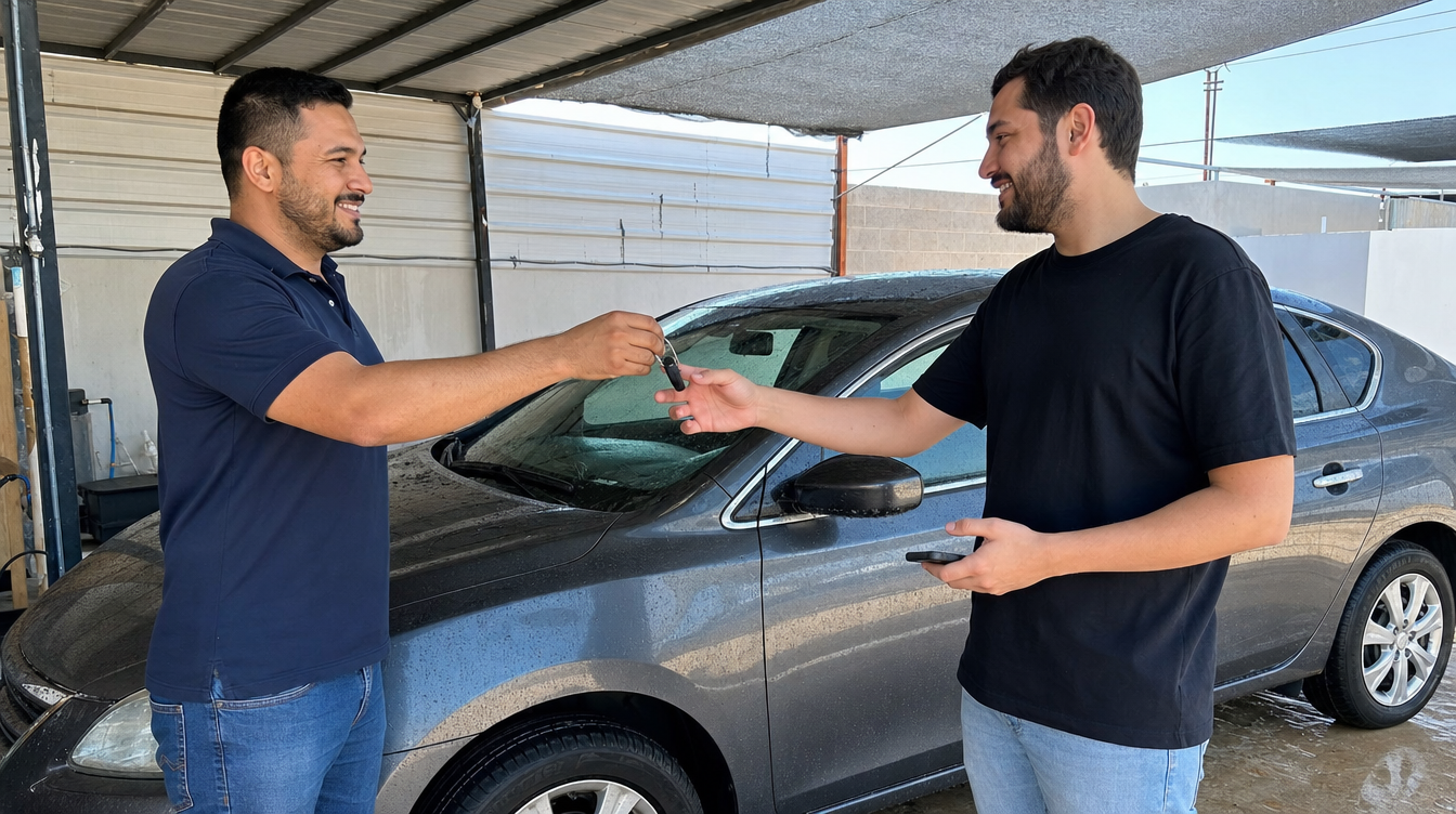 Autolavado entregando el auto con tarjeta NFC de MaxReviewer