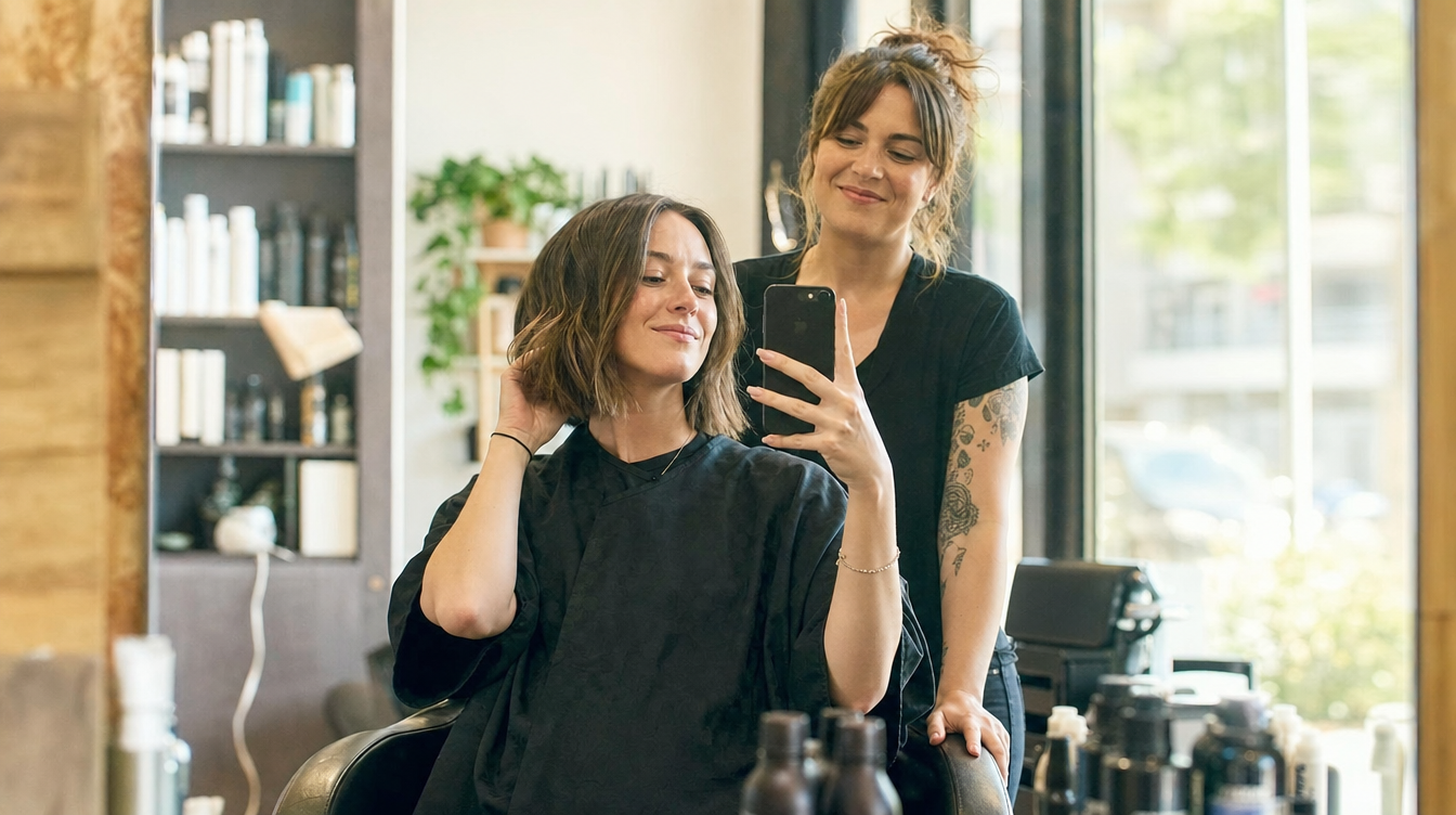 Estética con placa NFC de MaxReviewer en el mostrador
