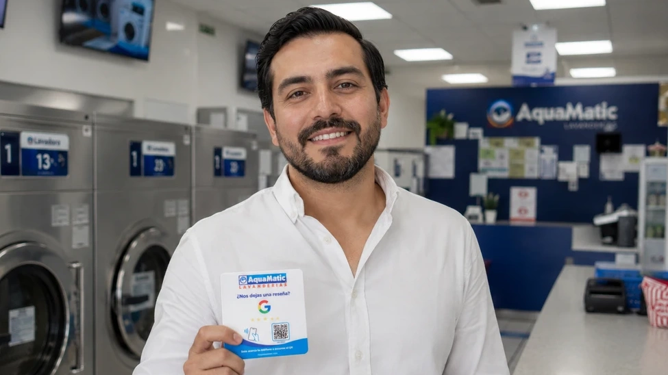 Cliente usando su celular en una lavandería con placa de MaxReviewer