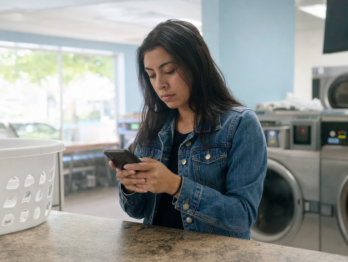 Cliente usando su celular en una lavandería con placa de MaxReviewer