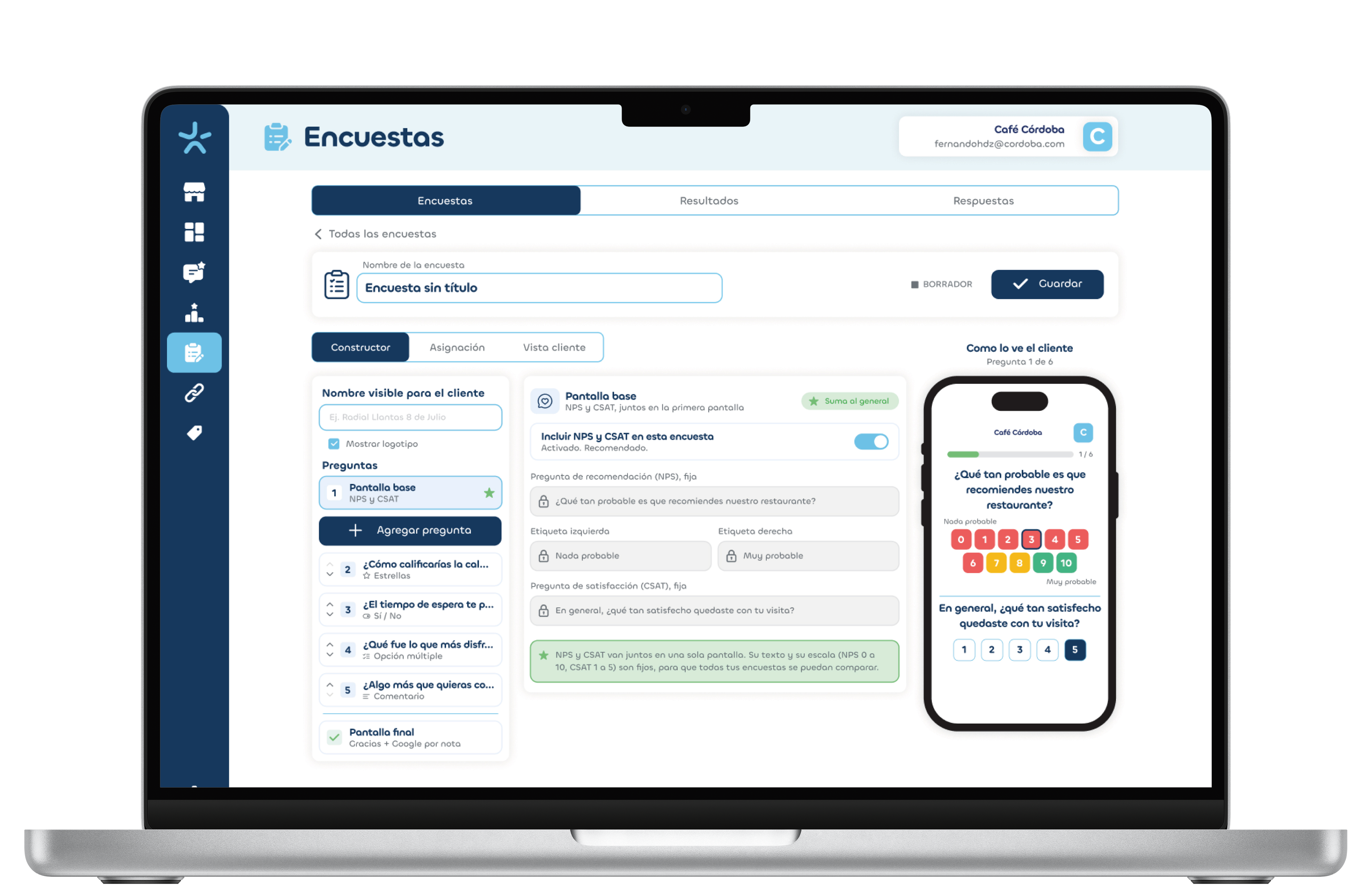 Resultados de encuestas NPS, CSAT y CES en MaxReviewer
