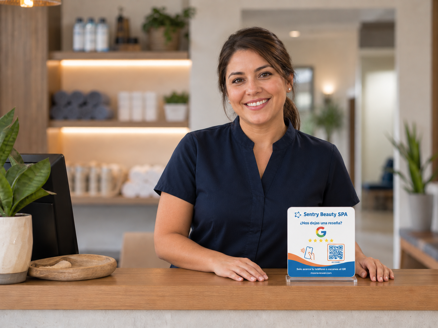 Propietaria de un spa junto a una placa NFC y QR de MaxReviewer