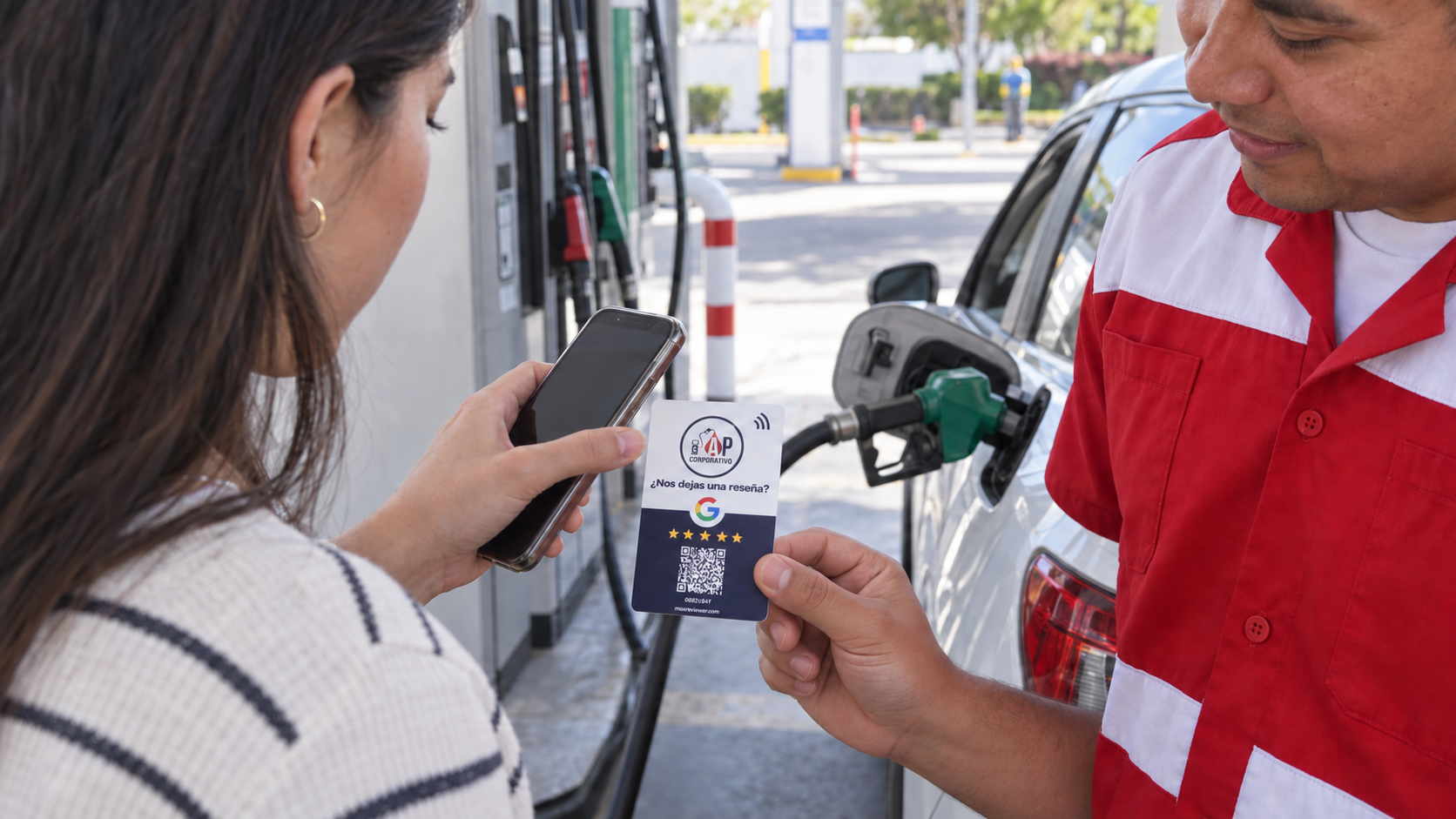 Cliente acercando su celular a la tarjeta NFC del despachador