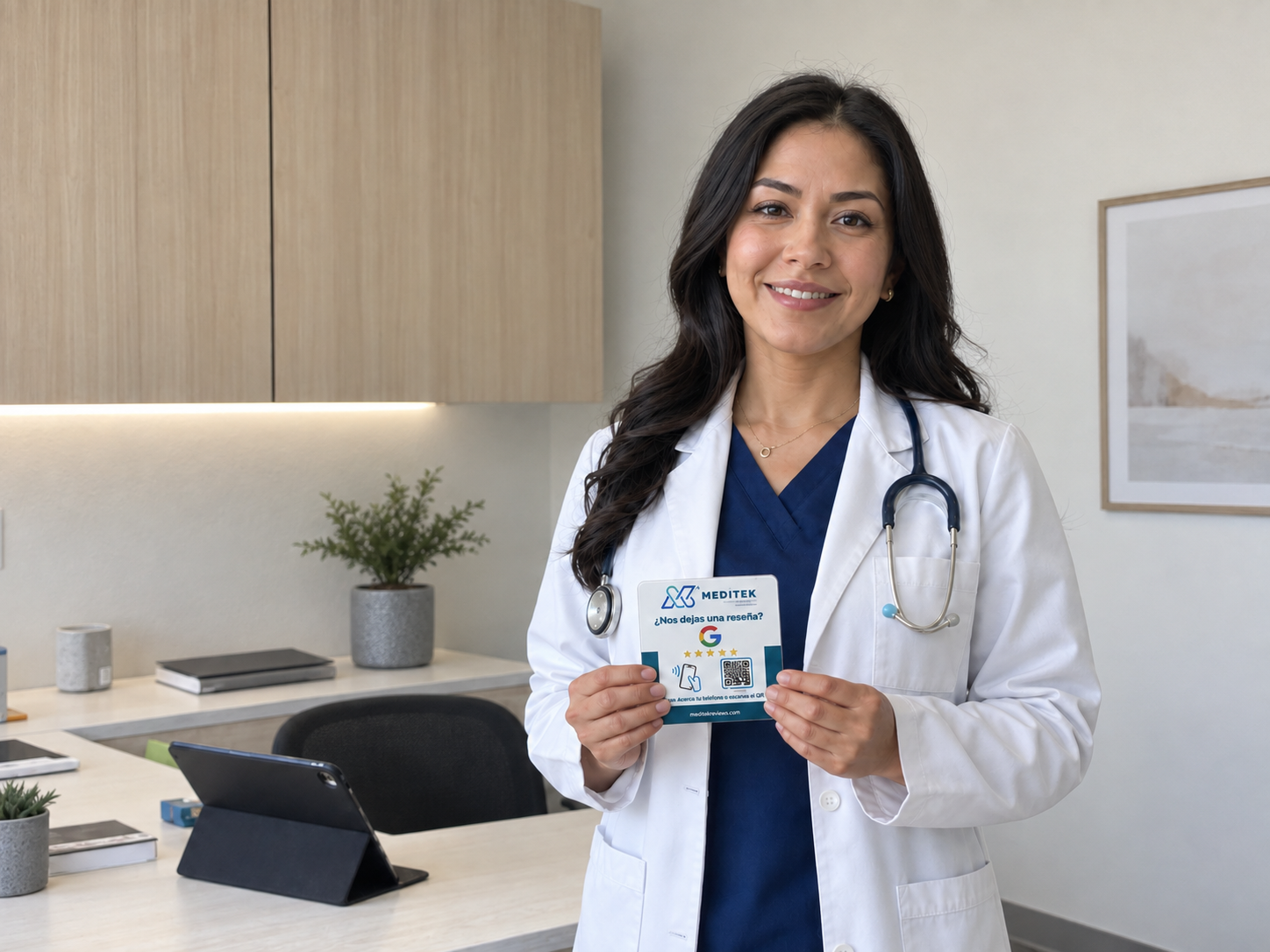 Doctora en consultorio con placa NFC y QR de MaxReviewer